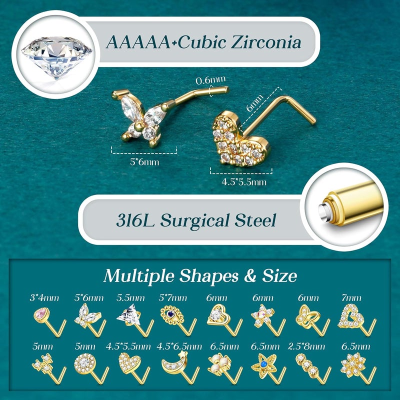 Yadoca Gold Nose Rings Studs for Women - 20G Surgical Steel Nose Ring L Shaped Nose Piercing Jewelry Hypoallergenic CZ Heart Nose Studs Silver Rose Gold 16Pcs - Image 5